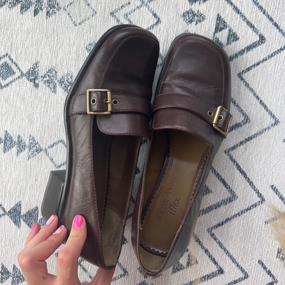 Brown Leather Buckle Chunky Heel